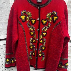 Vrikke Norwegian Design Wool Cardigan Sweater Red Embroidered Folk Style Size M